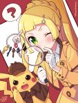  1girl ? belt blonde_hair blush braid brown_headwear buttons closed_mouth clothed_pokemon commentary_request cosplay detective_pikachu eyelashes gloves green_eyes hair_ornament hairclip hands_up highres holding holding_magnifying_glass jacket kinocopro lillie_(pokemon) long_hair magnifying_glass one_eye_closed pikachu pokemon pokemon_(game) pokemon_masters_ex pokemon_sm ponytail shauna_(pokemon) shauna_(pokemon)_(cosplay) spoken_question_mark twitter_username watermark white_gloves yellow_jacket 