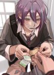  1boy bandaid blue_hair blurry blurry_background cardigan collared_shirt commentary diagonal-striped_necktie earrings fingernails goi_x01 grey_cardigan hair_between_eyes holding_bandaid jewelry kamishiro_rui kamiyama_high_school_uniform_(project_sekai) long_sleeves lower_teeth_only male_focus multicolored_hair necktie open_mouth project_sekai purple_hair school_uniform shirt short_hair single_earring sleeves_rolled_up streaked_hair striped_necktie teeth yellow_eyes 