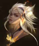  1girl alternate_hair_color battle_queen_rell black_background chuanchuancc dark-skinned_female dark_skin highres league_of_legends light looking_at_viewer medium_hair parted_lips rell_(league_of_legends) sidelocks solo upper_body violet_eyes white_hair 