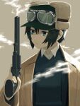  1girl black_hair black_jacket brown_coat closed_mouth coat collared_shirt expressionless goggles goggles_on_headwear green_eyes gun hand_up hat highres holding holding_gun holding_weapon jacket kino_(kino_no_tabi) kino_no_tabi long_sleeves looking_to_the_side open_clothes open_coat revolver shirt short_hair simple_background smoke smoke_trail smoking_gun solo trigger_discipline upper_body weapon white_shirt yamori_no_o 