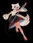  1girl :&lt; absurdres animal_ears arm_up armpits bare_shoulders bensadfleck black_background black_skirt closed_mouth english_commentary full_body geta highres holding holding_sword holding_weapon inubashiri_momiji katana looking_at_viewer red_eyes reverse_grip shirt short_hair simple_background skirt solo sword tabi tail touhou weapon white_hair white_shirt wolf_ears wolf_girl wolf_tail 