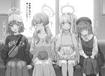  4girls bag baseball_cap blue_archive closed_eyes closed_mouth collarbone glasses greyscale hair_ornament hairclip halo hat holding holding_phone jewelry long_hair long_sleeves looking_at_another miyako_(blue_archive) miyu_(blue_archive) moe_(blue_archive) monochrome multiple_girls open_mouth phone pom_pom_(clothes) pom_pom_hair_ornament ribbed_sweater ring saki_(blue_archive) shirt skirt sleeping sleeping_upright smile sweater tori_udon train_interior translation_request 