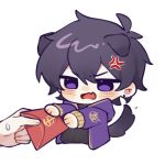  1boy anger_vein animal_ears black_hair chibi dog_boy dog_ears earrings indie_virtual_youtuber jacket jewelry long_sleeves looking_at_viewer male_focus purple_jacket short_hair shoto_(vtuber) violet_eyes virtual_youtuber 