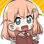  1girl blush_stickers chibi commentary double_v green_eyes hair_ornament hinoshita_kaho link!_like!_love_live! looking_at_viewer love_live! medium_hair orange_hair school_uniform smile solo striped striped_background two_side_up upper_body v van_springfield yellow_background 