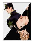  2boys black_hair blonde_hair hage_tashuumi hat jojo_no_kimyou_na_bouken joseph_joestar kujo_jotaro male_focus multiple_boys rotational_symmetry star_(symbol) star_print stone_ocean upside-down 