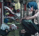  3girls absurdres alley arm_on_knee baggy_pants blood blood_on_face blood_spray blue_hair brick_wall clone closed_mouth creature denim dog_tags dot_mouth eyeball feeding food grey_eyes highres holding holding_food holding_own_arm holding_sword holding_weapon jeans knee_up looking_at_viewer looking_to_the_side monster multiple_girls naji_yanagida original pants shirt shirt_tucked_in short_hair short_sleeves sidelighting sideways_glance sitting squatting stab standing sunlight sword tile_floor tiles torn_clothes torn_jeans torn_pants weapon white_shirt 