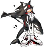  1boy animal_hood animal_nose expressionless full_body furry furry_male highres hood hood_up hoodie male_focus orca_hood pants red_eyes shadow_the_hedgehog shoes simple_background solo sonic_(series) standing stuffed_orca usa37107692 white_background white_pants 