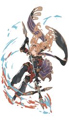  1girl arm_guards black_gloves black_hairband black_pants blonde_hair blue_eyes fire gloves granblue_fantasy hairband highres holding holding_polearm holding_weapon long_scarf pants polearm scarf shimatani_azu solo spear toeless_footwear twintails weapon zeta_(granblue_fantasy) 