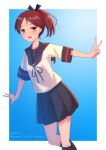  1girl artist_name black_sailor_collar black_skirt black_socks brown_eyes brown_hair dated feet_out_of_frame hair_ribbon haruka_faraway716 highres kantai_collection looking_at_viewer one-hour_drawing_challenge outstretched_arms pleated_skirt ponytail ribbon sailor_collar sailor_shirt school_uniform serafuku shikinami_(kancolle) shirt short_hair skirt socks solo twitter_username white_shirt 