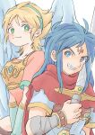  1boy 1girl absurdres angel_wings armor blonde_hair blue_hair breath_of_fire breath_of_fire_i closed_mouth damegamega elbow_gloves facial_mark feathered_wings forehead_mark gloves green_eyes highres leotard looking_at_viewer nina_(breath_of_fire_i) red_leotard ryuu_(breath_of_fire_i) short_hair simple_background smile sword weapon white_background white_wings wings 