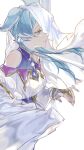  1girl alternate_costume aqua_eyes bare_shoulders blue_hair blue_nails claw_ring dress elira_pendora head_wings highres jewelry key_necklace long_hair nail_polish necklace nijisanji nijisanji_en simple_background smile solo three_stone veil veil_over_one_eye white_background white_veil 