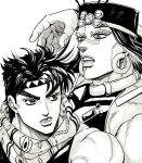  2boys battle_tendency hage_tashuumi headband highres jojo_no_kimyou_na_bouken joseph_joestar joseph_joestar_(young) lip_ring male_focus monochrome multiple_boys official_style scarf triangle_print turban wamuu 