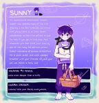  1boy artist_name barefoot basket cat character_name colored_skin english_text highres holding holding_basket looking_at_viewer omori pants pencil pencil_behind_ear picnic_basket purple_hair short_hair solo spoilers sunny_(omori) sweatpants violet_eyes white_skin zipsunz 