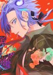  1boy aqua_hair black_cape black_ribbon blue_hair brown_jacket cape collared_shirt earrings falling_petals fingernails floral_print flower from_side gradient_flower green_flower grey_shirt hair_ribbon highres hitodama holding holding_flower holostars jacket jewelry long_hair looking_at_viewer low_ponytail male_focus minase_rio multicolored_hair official_alternate_costume open_clothes open_collar open_jacket orange_flower parted_bangs parted_lips petals pink_flower plaid plaid_jacket profile purple_hair red_ribbon ribbon ritsuno_ananda shirt sideways_glance signature slit_pupils solo streaked_hair undone_neck_ribbon upper_body violet_eyes virtual_youtuber wisteria 