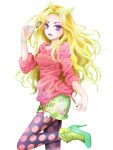  1girl blonde_hair gradient_hair green_hair high_heels jojo_no_kimyou_na_bouken lipstick long_hair makeup messy_hair miuccia_miuller multicolored_hair pantyhose polka_dot polka_dot_legwear skirt_over_leggings solo standing standing_on_one_leg stone_ocean violet_eyes wavy_hair yuyua_yua 