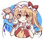  1girl ascot blonde_hair crying crystal emoji flandre_scarlet hat hat_ribbon open_mouth pleading_face_emoji puffy_short_sleeves puffy_sleeves red_eyes red_nails red_vest ribbon short_hair short_sleeves side_ponytail solo stuffed_animal stuffed_toy subaru_(subachoco) tears teddy_bear touhou upper_body vest wings yellow_ascot 