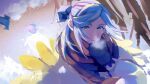  1boy absurdres aqua_eyes blue_hair blue_mittens blue_scarf breath commentary_request coo2co2 day eyelashes grusha_(pokemon) hand_up highres jacket long_sleeves looking_at_viewer male_focus outdoors parted_lips pokemon pokemon_(game) pokemon_sv scarf solo striped striped_scarf watermark yellow_jacket 