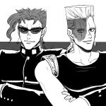  2boys crossed_arms earrings flattop hage_tashuumi jean_pierre_polnareff jewelry jojo_no_kimyou_na_bouken male_focus multiple_boys official_style one_eye_closed scar scar_across_eye stardust_crusaders vento_aureo 