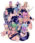  age_regression aged_down blonde_hair blood blood_on_face broken_glass buck_teeth cheekbones clone collar crying earrings flattop glass green_hair grey_hair hage_tashuumi hands_on_own_cheeks hands_on_own_face highres jean_pierre_polnareff jewelry jojo_no_kimyou_na_bouken laughing male_focus mullet multiple_persona off-shoulder_shirt off_shoulder official_style pink_hair purple_hair rapier shirt silver_chariot stardust_crusaders sword tears teeth vento_aureo weapon 