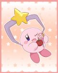  1other blue_eyes blush_stickers border crane_game crying food full_body gradient_background highres holding holding_food invincible_candy kirby kirby_(series) maxim_tomato no_humans one_eye_closed outline pink_border signature solo starry_background syugurei wavy_mouth white_outline 