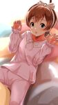  1girl :o ahoge blurry blurry_background bob_cut brown_eyes green_eyes hairband highres idolmaster idolmaster_million_live! kinoshita_hinata long_sleeves looking_at_viewer nagmilk open_mouth pajamas paw_pose pink_pajamas short_hair solo 