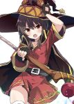  1girl bandages belt blush breasts brown_hair cape cowboy_shot dress fingerless_gloves gloves hat highres holding holding_staff kono_subarashii_sekai_ni_shukufuku_wo! looking_at_viewer megumin open_mouth rauto red_dress red_eyes short_hair short_hair_with_long_locks short_sleeves small_breasts solo staff thigh-highs witch_hat 