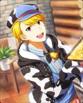  1boy bell blonde_hair collared_shirt hood hoodie idolmaster idolmaster_side-m idolmaster_side-m_growing_stars long_sleeves looking_at_viewer maita_rui male_focus mittens neck_bell official_art open_mouth plant shirt teeth upper_teeth_only 