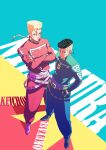  2boys absurdres arrow_earrings black_hair blonde_hair braid brothers character_name crossed_arms diamond_wa_kudakenai dollar_sign facial_mark flattop gakuran grey_hair hands_in_pockets highres jojo_no_kimyou_na_bouken killerohan male_focus multicolored_hair multiple_boys nijimura_keicho nijimura_okuyasu pompadour rattail school_uniform siblings simple_background two-tone_hair undercut 