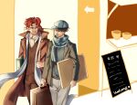  2boys absurdres alternate_universe ascot bespectacled black_hair book briefcase cabbie_hat diamond_wa_kudakenai glasses green_eyes hat highres holding holding_book jacket jojo_no_kimyou_na_bouken kakyoin_noriaki killerohan kishibe_rohan long_coat male_focus menu multiple_boys redhead scarf simple_background stole sweater_vest violet_eyes 