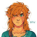  1boy angry artsy-moonwalker blonde_hair highres link male_focus pointy_ears scar scar_on_face solo the_legend_of_zelda the_legend_of_zelda:_breath_of_the_wild torn_clothes white_background 