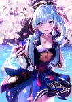  1girl absurdres arm_guards blue_hair blunt_bangs blunt_tresses cherry_blossoms collarbone flower_knot genshin_impact hair_ribbon highres kamisato_ayaka kmes_niku light_blue_hair looking_at_viewer neck_tassel open_mouth outdoors ponytail ribbon solo standing tassel tassel_choker tress_ribbon water 