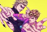  2boys black_nails blonde_hair father_and_son fingernails giorno_giovanna green_eyes highres jojo_no_kimyou_na_bouken jojo_pose ladybug_ornament male_focus multiple_boys pectoral_cleavage pectorals pointing pointing_at_self red_eyes ruushii_(lucy_steel6969) sharp_fingernails sleeveless sleeveless_turtleneck stardust_crusaders time_paradox turtleneck vento_aureo wing_ornament yellow_background 