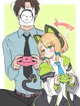  1boy 1girl animal_ear_headphones animal_ears arona&#039;s_sensei_doodle_(blue_archive) arrow_(symbol) belt black_necktie black_pants blonde_hair blue_archive blue_necktie brown_hair cat_ear_headphones cat_tail collared_shirt commentary_request controller fake_animal_ears fake_tail game_controller green_eyes halo headphones heart highres holding holding_controller holding_game_controller jacket long_sleeves midori_(blue_archive) necktie off_shoulder open_clothes open_jacket pants playing_games ririfu sensei_(blue_archive) shirt short_hair simple_background sitting tail white_shirt 