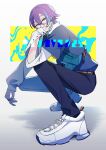  1boy alternate_costume aqua_hair bag belt collared_shirt commentary_request dada_(1st) full_body glasses hair_between_eyes highres jewelry kamishiro_rui layered_sleeves male_focus multicolored_hair project_sekai purple_hair ring shirt shoelaces short_hair solo streaked_hair white_footwear yellow_eyes 