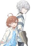  1boy 1girl accelerator_(toaru_majutsu_no_index) ahoge albino ambiguous_gender androgynous annoyed black_pants blue_dress blush brown_eyes brown_hair cane cowboy_shot diagonal-striped_shirt dress electrodes female_child highres holding holding_cane holding_crutch jacket last_order_(toaru_majutsu_no_index) looking_at_viewer one_eye_closed open_mouth pants parted_bangs polka_dot polka_dot_dress red_eyes remoa sanpaku short_hair smile standing toaru_majutsu_no_index two-tone_shirt v-shaped_eyebrows white_background white_hair white_jacket 