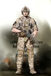  1boy absurdres american_flag ammunition_pouch artist_name assault_rifle belt blue_eyes blurry blurry_background body_armor boots brown_belt brown_footwear brown_gloves brown_headwear brown_pants brown_shirt camouflage camouflage_headwear camouflage_pants camouflage_shirt chin_strap closed_mouth collarbone collared_shirt combat_boots combat_helmet commentary cross cross-laced_footwear desert_camouflage dickbomber digital_camouflage english_commentary english_text facial_hair fatigues full_body gloves gradient_background grey_gloves gun h&amp;k_hk416 headset helmet highres holding holding_gun holding_weapon knee_pads lace-up_boots lips load_bearing_vest logo looking_at_viewer magazine_(weapon) male_focus microphone military nose optical_sight original pants patch plate_carrier pocket polearm pouch radio rifle serious shirt short_sleeves smoke soldier solo standing straight-on trident two-tone_gloves united_states_navy vertical_foregrip weapon white_background zipper 