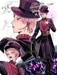  1boy black_coat black_footwear black_pants boots coat ensemble_stars! hand_on_own_chest hat headset highres idol_clothes itsuki_shu kenpi_(kentin_jiru) knee_boots long_sleeves looking_to_the_side male_focus pants pink_hair red_shirt shirt short_bangs short_hair solo top_hat translation_request violet_eyes white_background 