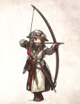  1girl aiming archery armor arrow_(projectile) belt boots bow_(weapon) brown_hair drawing_bow flora_sister_(ironlily) flower full_body gambeson gloves helmet highres holding holding_bow_(weapon) holding_weapon ironlily kettle_helm long_hair medieval ordo_mediare_sisters_(ironlily) pouch scabbard sheath solo sword weapon 