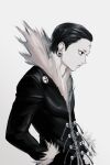  1boy absurdres black_eyes black_hair black_jacket chrollo_lucilfer commentary_request earrings hair_slicked_back hand_in_pocket highres hunter_x_hunter jacket jewelry looking_ahead male_focus short_hair simple_background smnsutycoc solo 