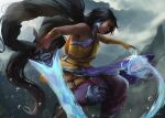 1girl bakamitaii black_hair clouds dark-skinned_female dark_skin day earrings fingerless_gloves foot_out_of_frame gloves highres holding holding_sword holding_weapon jewelry league_of_legends long_hair nilah_(league_of_legends) outdoors profile solo sword twintails very_long_hair water water_drop weapon