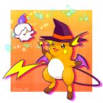  :d border bright_pupils brown_eyes clothed_pokemon commentary_request fire flame happy hat highres holding holding_wand litwick no_humans open_mouth pokemon pokemon_(creature) purple_fire raichu shiogi_(riza_49) smile tongue twitter_username wand watermark white_border white_pupils wings wizard_hat yellow_eyes 
