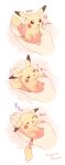  bright_pupils brown_eyes bubble closed_mouth commentary_request disembodied_limb drooling half-closed_eyes heart holding holding_pokemon mugita_konomi open_mouth pikachu pokemon pokemon_(creature) saliva signature sleeping sleepy tongue tongue_out white_pupils zzz 