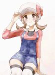  1girl arm_support asuka_rkgk blue_overalls blush bow brown_eyes brown_hair cabbie_hat closed_mouth hand_on_headwear hand_up hat hat_bow highres long_hair looking_at_viewer lyra_(pokemon) overalls pokemon pokemon_(game) pokemon_hgss red_bow red_shirt shirt simple_background sitting smile solo thigh-highs twintails white_background white_headwear 