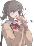  ! 1girl :o bow bowtie brown_cardigan brown_eyes brown_hair cardigan collared_shirt crepe food food_on_face gyono hair_bow hair_ornament highres holding holding_food kamiyama_high_school_uniform_(project_sekai) korean_commentary looking_at_food open_mouth project_sekai red_bow red_bowtie school_uniform shinonome_ena shirt short_hair simple_background solo striped striped_bow striped_bowtie upper_body white_background white_shirt 