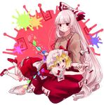  2girls :d blonde_hair blunt_bangs bow closed_mouth collared_shirt commentary_request crystal flandre_scarlet frilled_skirt frills fujiwara_no_mokou full_body grey_shirt hair_bow hat hat_ribbon holding_crystal long_hair long_sleeves looking_at_viewer lying lying_on_lap mary_janes mob_cap mokoiscat multiple_girls ofuda ofuda_on_clothes on_stomach open_mouth pants red_bow red_eyes red_footwear red_pants red_skirt red_vest ribbon seiza shirt shoes short_sleeves sitting skirt skirt_set smile socks suspenders touhou two-tone_bow v-shaped_eyebrows very_long_hair vest white_bow white_hair white_shirt white_socks wings 