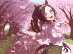  1girl animal_ears breasts brown_hair cherry_blossoms collarbone falling_leaves flower_in_eye forehead horse_ears horse_girl horse_tail large_breasts leaf looking_at_viewer ohmi-wisteria open_mouth outstretched_arms ponytail sakura_bakushin_o_(umamusume) shirt short_sleeves spread_arms spring_(season) symbol_in_eye tail umamusume upper_body v-shaped_eyebrows violet_eyes white_shirt 