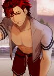  1boy closed_mouth diamant_(fire_emblem) fire_emblem fire_emblem_engage highres looking_at_viewer male_focus open_clothes open_shirt pectorals red_eyes red_shorts redhead ruo_candyyyy shirt short_hair shorts solo toned toned_male upper_body white_shirt 