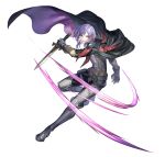  1boy belt black_cape cape clenched_teeth dagger fire_emblem fire_emblem:_three_houses fire_emblem_heroes holding holding_dagger holding_knife holding_weapon knife leg_armor looking_at_viewer medium_hair official_art purple_cape purple_hair slashing solo teeth violet_eyes weapon white_background yuri_leclerc 