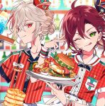  2boys ahoge burger character_name employee_uniform fast_food fast_food_uniform food french_fries genshin_impact gg_suyari green_eyes hair_bun kaedehara_kazuha looking_at_viewer male_focus mole mole_under_eye multiple_boys plaid plaid_shirt red_eyes red_shirt redhead shikanoin_heizou shirt short_sleeves striped striped_shirt suspenders uniform white_hair 