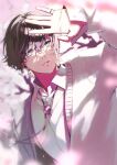  1boy arm_up bishounen blurry blurry_background cardigan cherry_blossoms collared_shirt day ear_piercing earrings highres ikeshi000 jewelry light_particles light_rays long_sleeves male_focus open_cardigan open_clothes original outdoors outstretched_hand piercing pink_cardigan ring school_uniform shirt short_hair solo sparkle stud_earrings upper_body white_shirt 